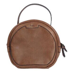 Round Bag Circular BOC Vegan Leather Brown Cosmetics‎ Makeup Tote Purse